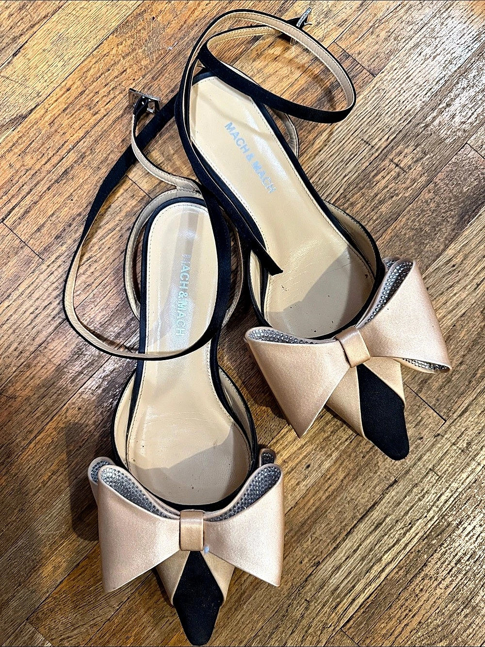 MACH & MACH Double Bow Satin Flat Heels in Pink & Black